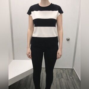 Philosophy Black and Cream Striped Short Sleeve Top